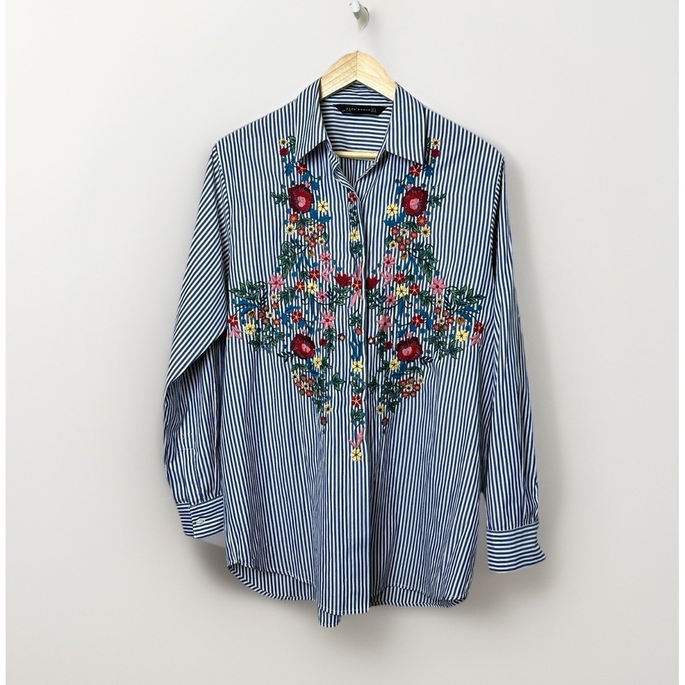 Zara Women's Small Blouse Striped Floral Embroidered Long Sleeve Button Up